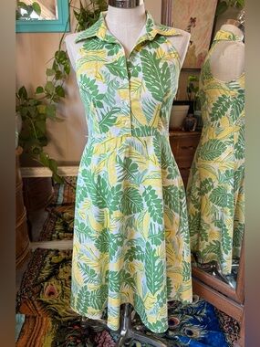 Vintage 1990s Women’s DBY Yellow & Green Leaves Fit & Flare Dress Size 7/8